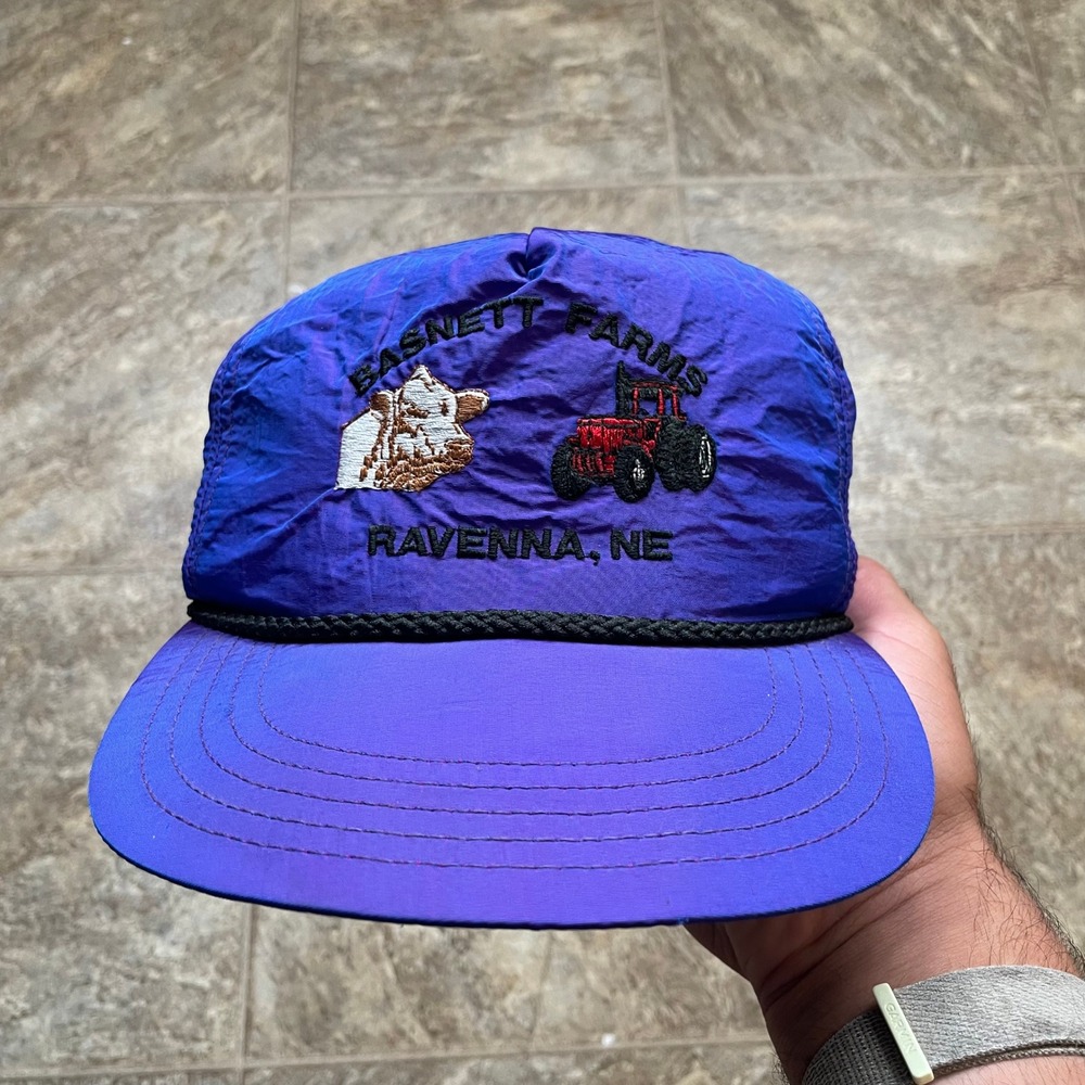 Vintage Basnett Farms Ravenna NE Rope Hat Purple Iridescent Alive Headwear USA
